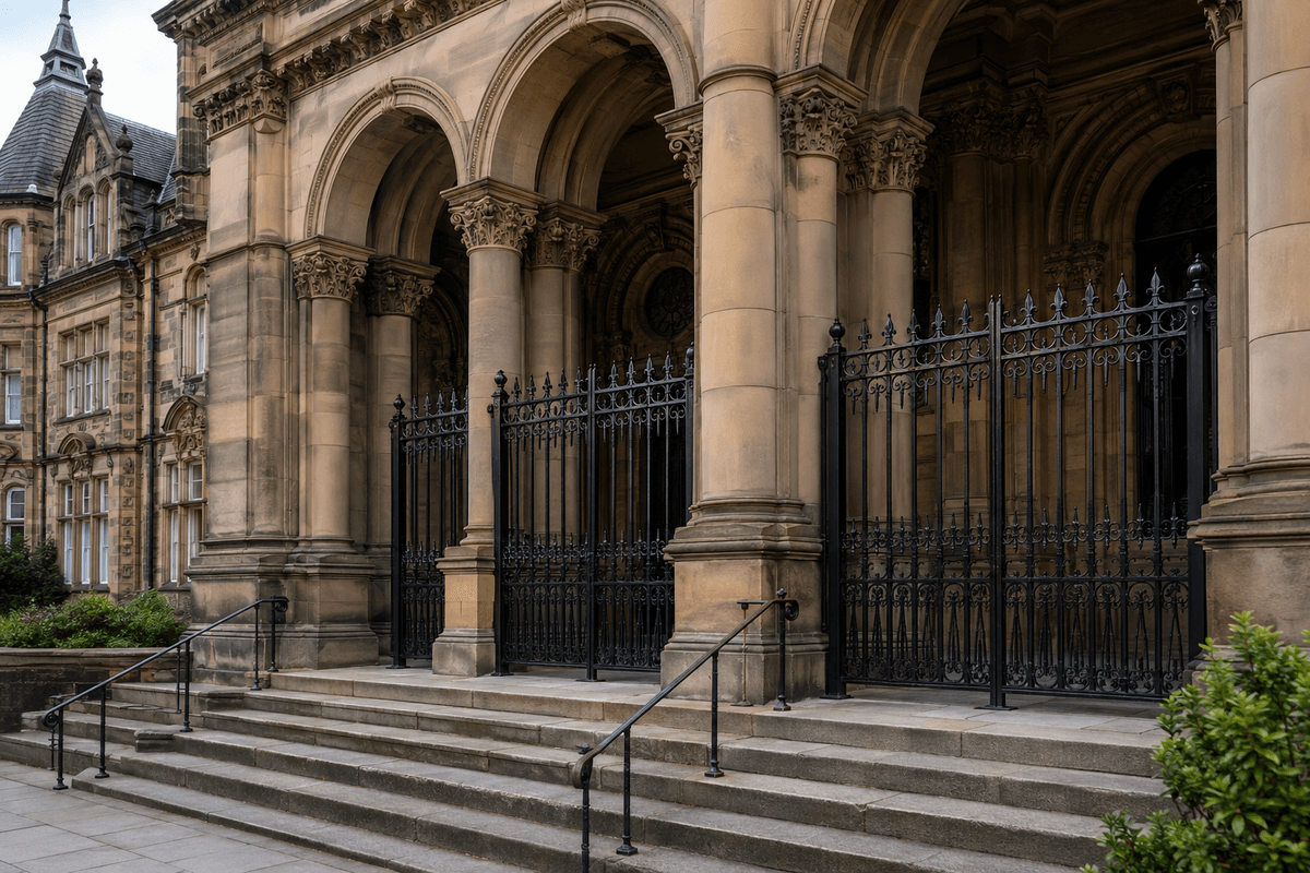 Editorial illustration of heritage-style security gates at a historic civic building
