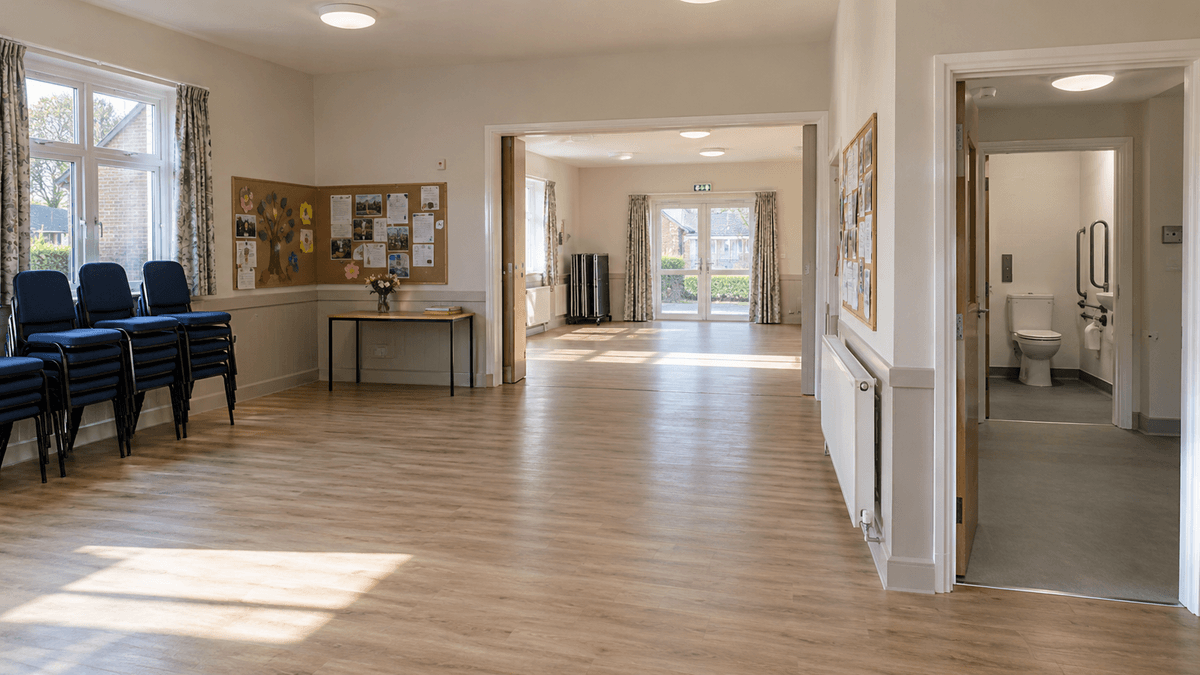 Illustration of a refurbished community hall with new flooring and accessible facilities