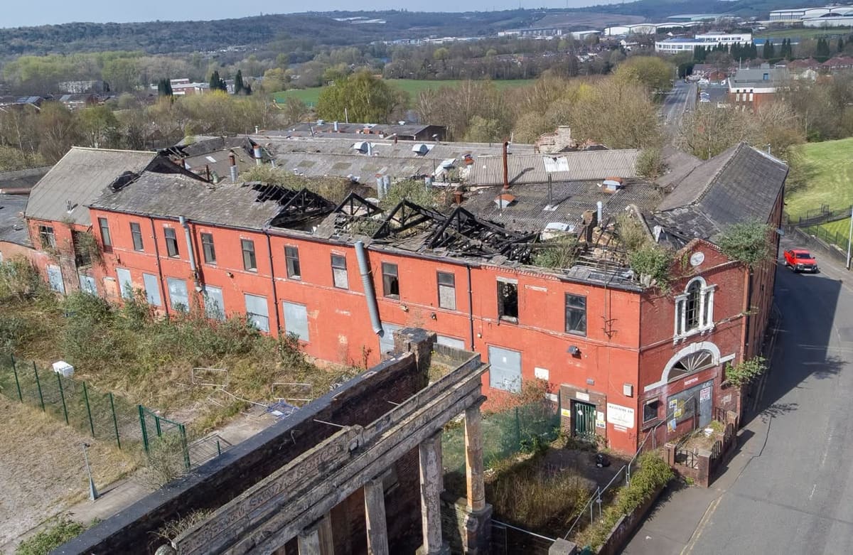 The former Wade pottery works in Burslem with damage to sections of its roof