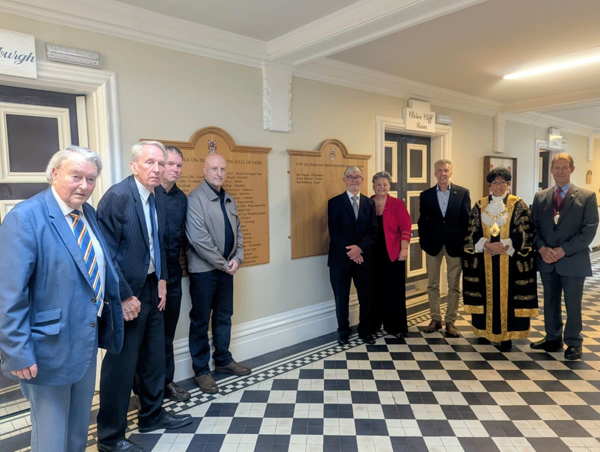The seven 2026 Sporting Hall of Fame inductees with the Lord Mayor and consort at Stoke-on-Trent Town Hall