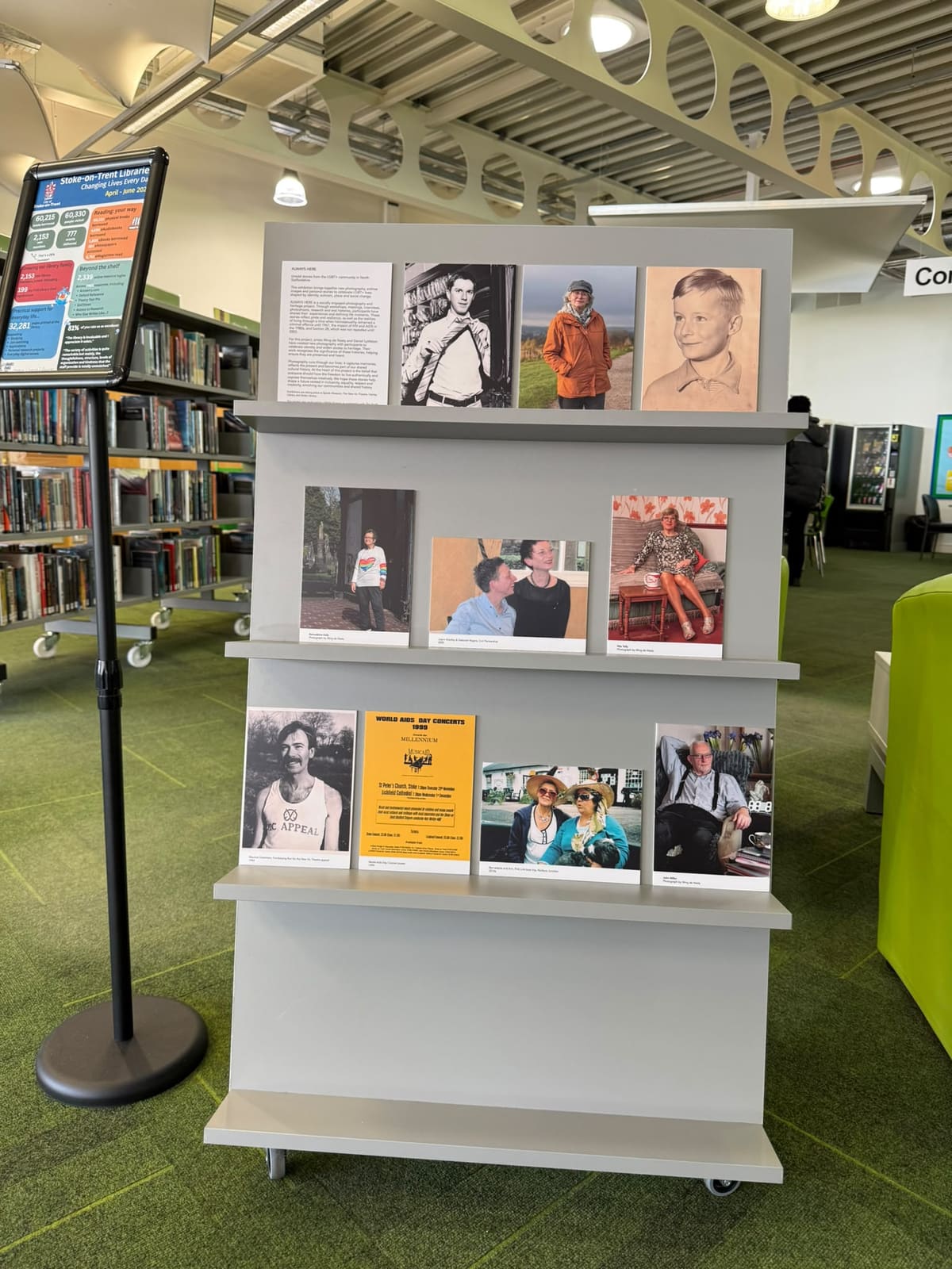 Photographs and archive material displayed as part of Always Here in a city library